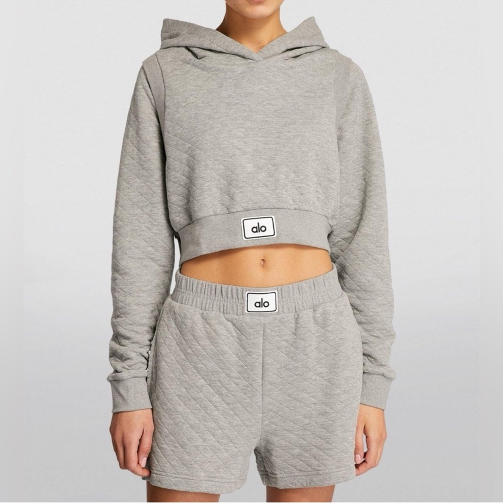 Alo Gray Quilted Arena Cropped Hoodie and Boxing Shorts Set